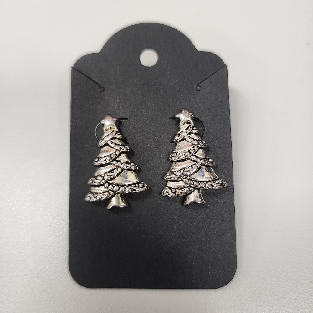 Vintage Style Silver-tone Christmas Tree Stud Earrings